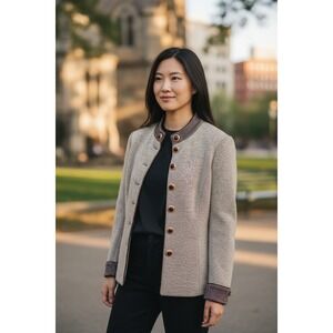 St. John Collection Cream/Brown Knit Blazer Jacket Size 6